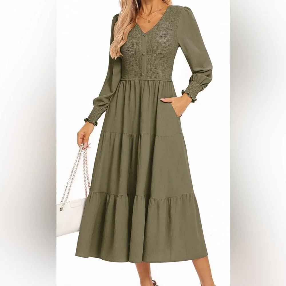 Kate Kasin Elegant Olive Green Maxi Dress Sz L NWT - Picture 1 of 6